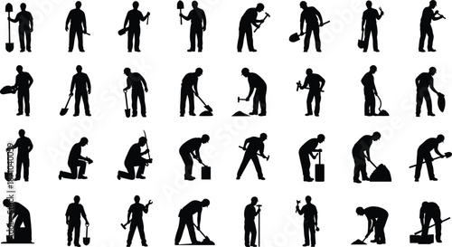 Construction worker silhouettes set showing laborers with tools digging building repairing isolated black figures on white background vector illustration collection