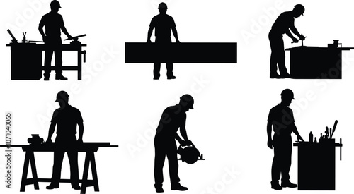 Carpenter silhouettes working with woodworking tools at workshop, craftsmanship labor concept, black illustration isolated on white background vector set design