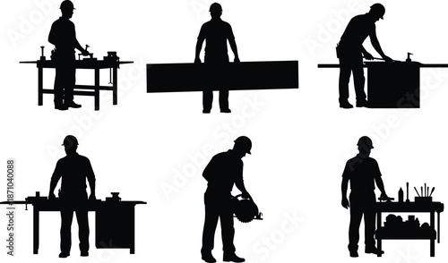 Carpenter worker silhouettes using woodworking tools at workbench, industrial craftsmanship concept, black illustration isolated on white background vector set design