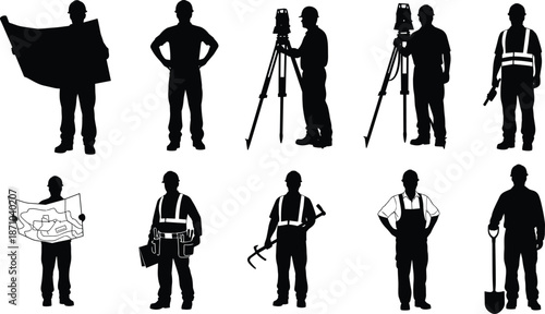 Construction worker silhouettes set with engineers surveyors and builders using tools, industrial workforce concept, black illustration isolated on white backgroundConstruction worker silhouettes 