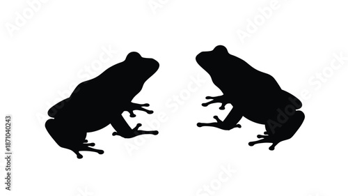 Two black silhouettes of frogs facing each other on a white background