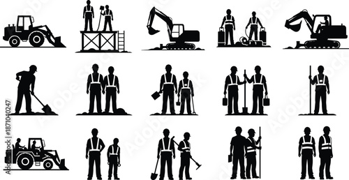 Construction worker silhouettes set showing machinery tools and teamwork, industrial labor workforce concept, black illustration isolated on white background vector