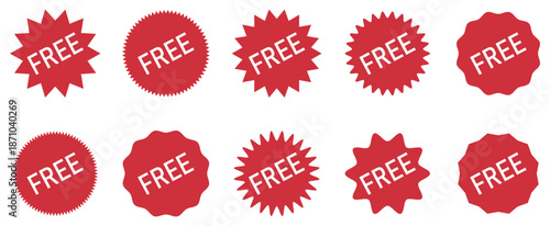 Red free label badge icons collection. Starburst and seal shapes with free text. Free label badge icons set with starburst shapes for promotion sale and marketing design. Isolated vector Illustration.