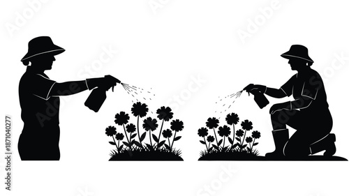 Two gardeners tending to flower bushes with spray bottles in a black and white illustration