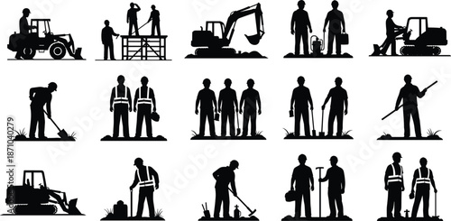 Construction worker silhouettes set with machinery tools and teamwork, industrial labor workforce concept, black illustration isolated on white background vector