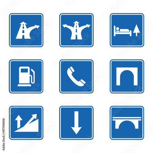 Highway information and service road signs icons set
