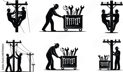 Electrician worker silhouettes repairing power lines and tools, utility maintenance teamwork concept, industrial service illustration isolated on white background vector
