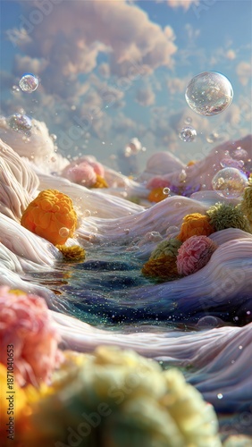 Surreal Inner World Landscape with Flowing Textures, Vibrant Colors, and Reflective Elements