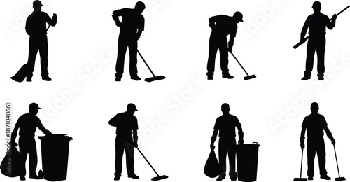 Cleaning workers silhouette set with brooms mops and tools, janitorial sanitation service concept illustration black shadow people at work together