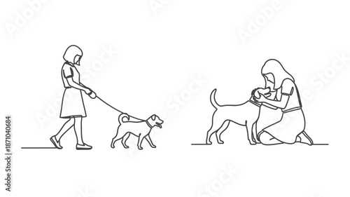 A simple line drawing depicts a woman walking her dog with another person