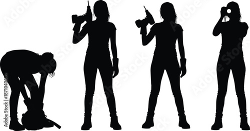 Female photographer silhouettes with cameras and equipment showing professional media work isolated black figures on white background vector illustration collection