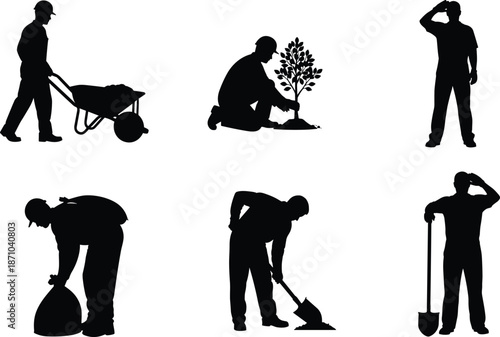 Gardening worker silhouettes with wheelbarrow shovel and tree planting, outdoor landscaping and yard work collection isolated on white background