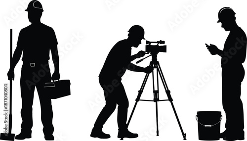 Construction worker silhouettes showing surveyor camera tools inspection teamwork safety industrial job isolated black icons on white background vector illustration