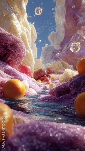 Surreal Inner World Landscape with Flowing Textures, Vibrant Colors, and Reflective Elements