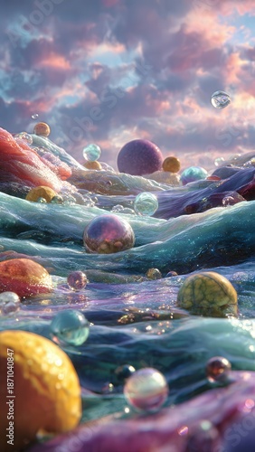 Surreal Inner World Landscape with Flowing Textures, Vibrant Colors, and Reflective Elements