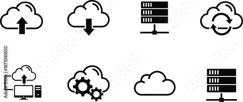 Cloud computing icons showing upload download server sync data storage and settings isolated black symbols on white background vector illustration