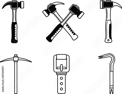 Hammer and tool icon set showing carpentry construction equipment isolated black line symbols on white background vector illustration collection