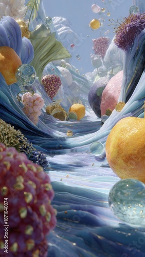Surreal Inner World Landscape with Flowing Textures, Vibrant Colors, and Reflective Elements