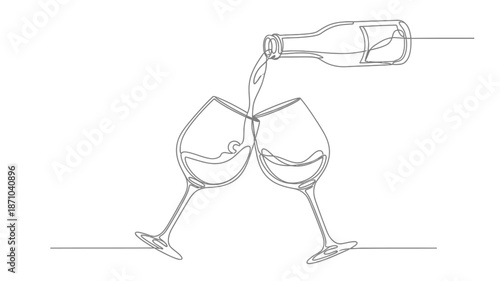 A minimalist line drawing of pouring wine into two glasses toasting