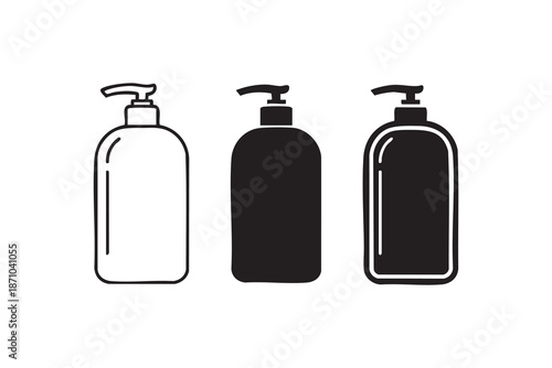 Vector Shampoo bottle icon set in line, solid and filled outline style. white background