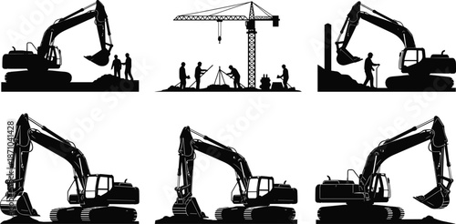 Construction machinery silhouettes with excavators cranes and workers on site, heavy equipment industrial concept, black illustration isolated on white background