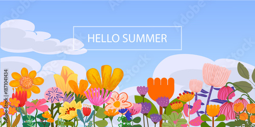 Colorful hello summer foliage with flowers and leaves tropical banner template greeting background. Fun and vibrant color natural design.