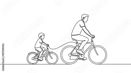 A father teaching his child to ride a bicycle with a trailing setup