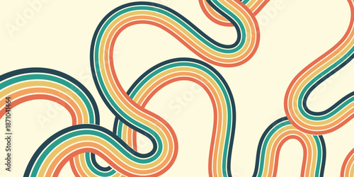 Abstract background of rainbow groovy Wavy Line design in 1970s Hippie Retro style. Vector pattern ready to use for cloth, textile, wrap and other.