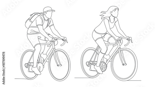 Line art depicting two cyclists riding bicycles outdoors