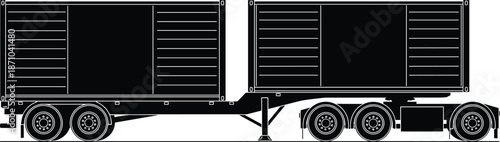 Semi trailer silhouette showing cargo containers heavy transport freight logistics commercial vehicle isolated black icons on white background vector illustration