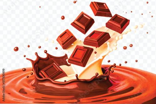 chocolate pieces falling on chocolate sauce and milk cream splash isolated on transparent background
