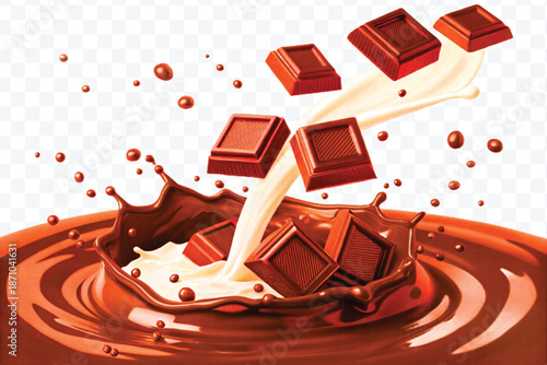chocolate pieces falling on chocolate sauce and milk cream splash isolated on transparent background