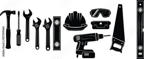 Construction tools set, black silhouette illustration showing hammer, wrench, drill, saw, helmet, safety goggles, and measuring levels on white background