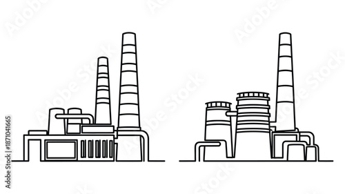 Simple line drawing of industrial buildings with smokestacks and factory structures