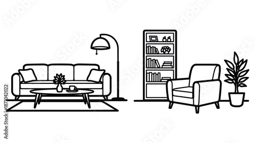 Simple black and white line drawing of a living room interior