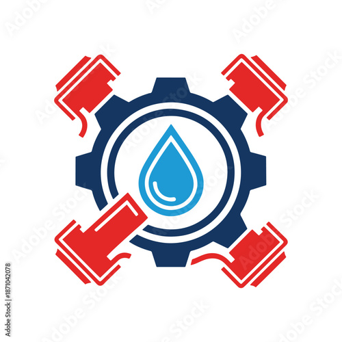 Blue water drop inside a gear with red mechanical arms