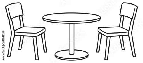 Line art dining furniture set featuring a round table and two chairs for cafes and restaurants