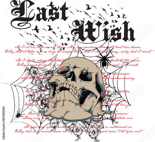 Melting skull graphic with dark text and spider webs featured prominently on a simple white background, ideal for edgy t-shirt graphics.