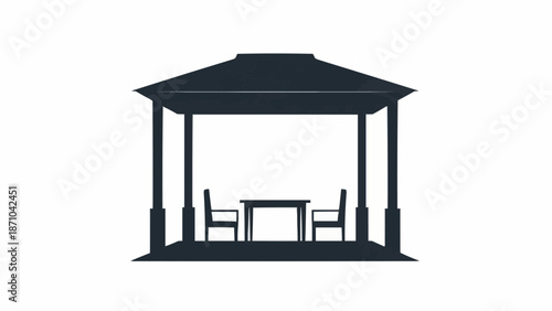 Silhouette of a gazebo with table and chairs inside.