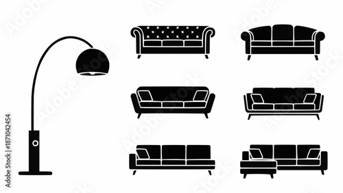 Collection of modern and classic sofa silhouettes with a floor lamp.