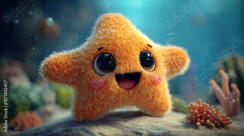A plush, adorable cartoon starfish with large eyes and a happy expression in a coral reef