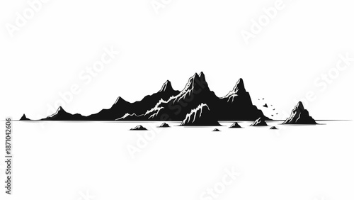 Dramatic Mountain Range Silhouette Against White Background.