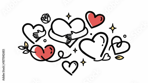 Hand drawn hearts with hugs and sparkles illustration.