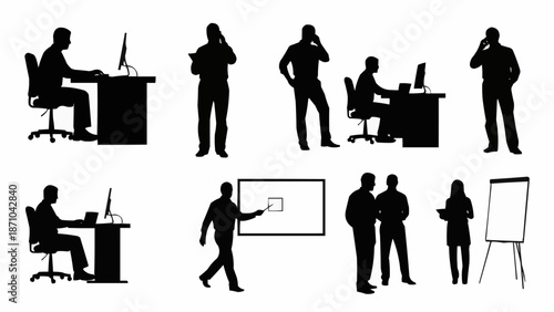 Business people silhouettes in various office activities and meetings.