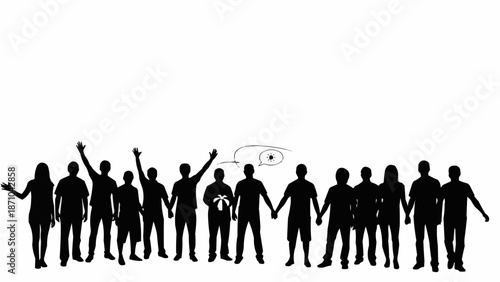 Diverse group of people holding hands in silhouette against a white background.