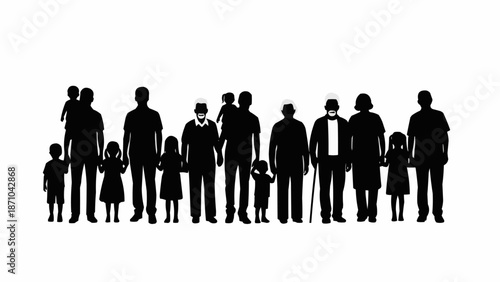 Diverse group of people silhouettes standing together in a line.