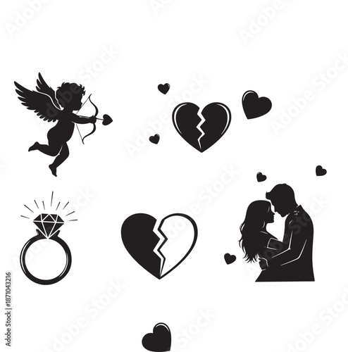 Black silhouettes of cupid couple hearts and diamond ring with broken heart