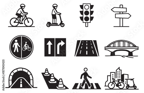 Line art road and city elements set featuring cyclists, scooter riders, traffic signs, and infrastructure for urban navigation