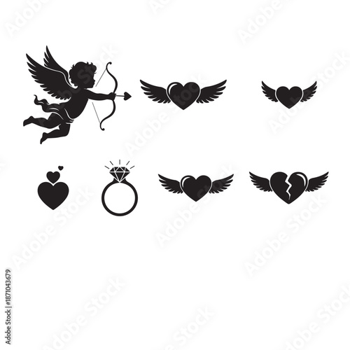 Black silhouette cupid heart with wings and ring winged heart broken heart