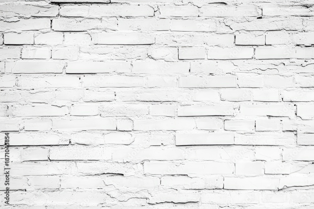 Obraz premium A textured white brick wall with visible cracks and variations in paint, creating a rustic and minimalist aesthetic.